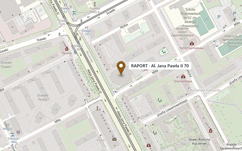 Mapa dojazdu: biuro RAPORT w budynku Al. Jana Pawła II 70, przy skrzyżowaniu z ulicą Miłą, Warszawa-Muranów